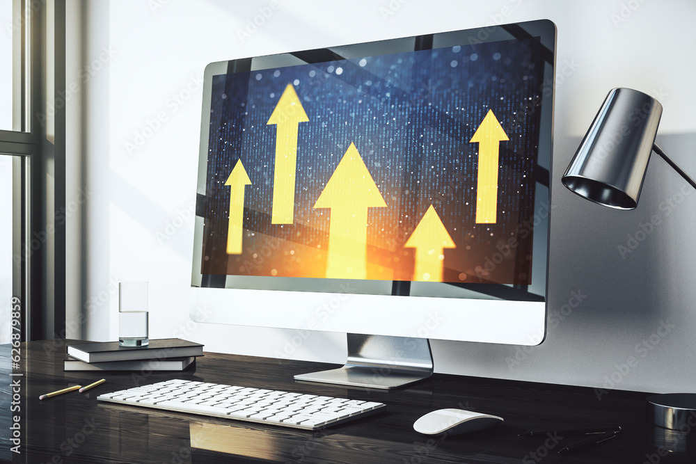 Poster modern computer monitor with creative abstract upward arrows hologram. ambition and challenge concep
