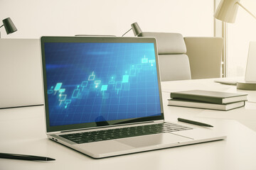 Modern computer screen with abstract creative financial chart, research and analytics concept. 3D Rendering