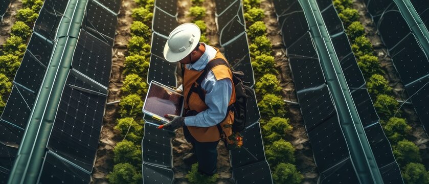 engineer in uniform holding tablet control solar cell farm, Generative AI.