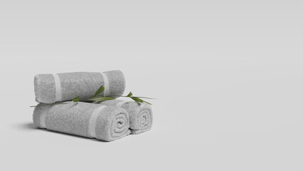 Obraz na płótnie Canvas White three towels roll on white background, White spa towels pile isolate. Empty rolled fabric terry mockup, isolated. Clean domestic hotel towel for shower, template. 3d render