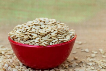 Char Magaz or Dried Melon Seeds in a Red Bowl Isolated on Burlap Fabric with Copy Space