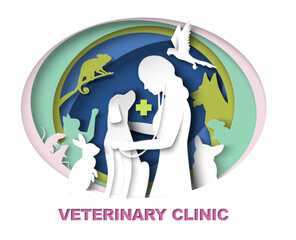 Veterinary clinic advertising poster in papercut style