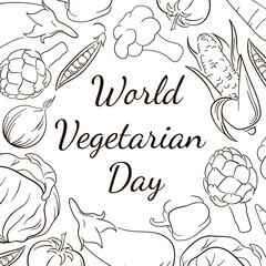 World Vegetarian Day frame in line art style. Vegetables round composition with natural healthy food. Hand drawn vector illustration.