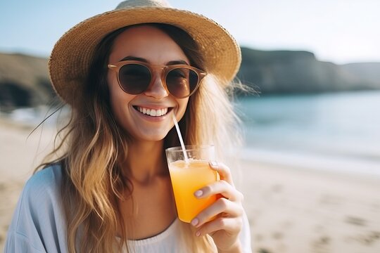 Summer drink, portrait of beautiful young woman drink orange juice at the beach