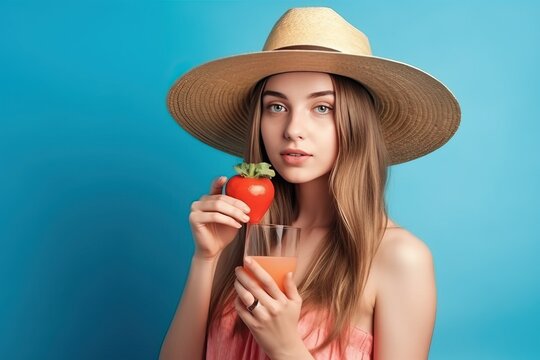 Summer drink, portrait of beautiful young woman drink juice