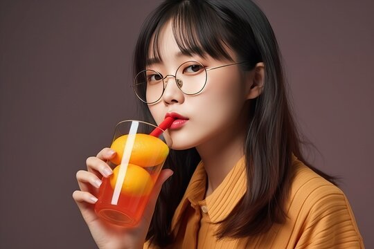 Summer drink, portrait of beautiful young asian woman drink orange juice