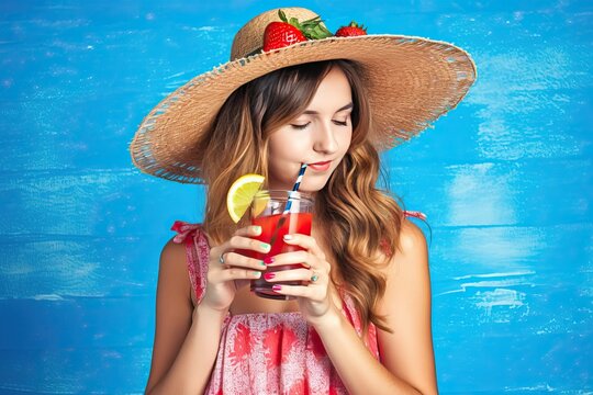 Summer drink, portrait of beautiful young woman drink juice