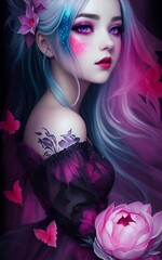 Naklejka premium A beutifull Girl with flowers and a flower tattoo- Ai Generated