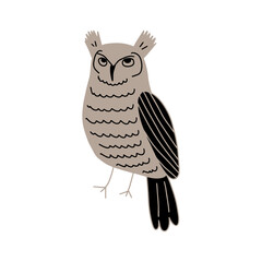 Cute hand drawn outlined owl. Forest bird. Perfect for t-shirt, apparel, cards, poster, nursery decoration. Vector Illustration