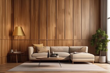 Interior of a contemporary living room with wooden wall panels and a sofa. Generative AI