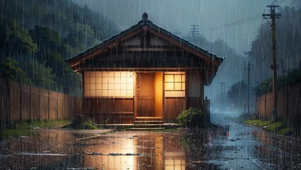 An image of a Japanese house in the heavy rain, raining at night, Anime art animation