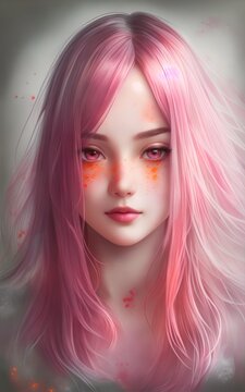 A closeup illustration  with a stunning pink hair girl - Ai Generated