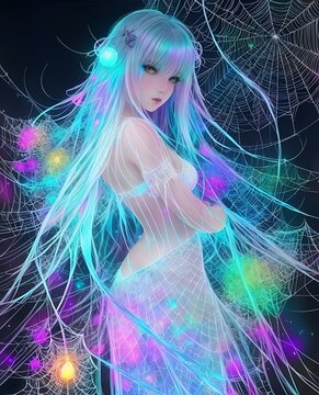 A beautiful woman posing in a spider web - Ai Generated