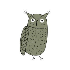 Cute hand drawn outlined owl. Forest bird. Perfect for t-shirt, apparel, cards, poster, nursery decoration. Vector Illustration
