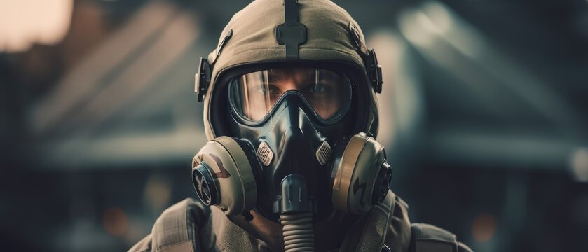 fighter pilot at airfield wearing mask and helmet, Generative AI