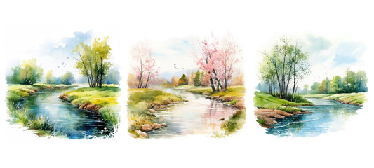 nature spring river landscape watercolor ai generated - obrazy, fototapety, plakaty