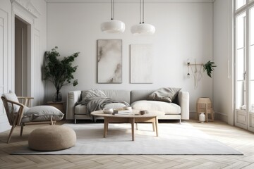Interior view of a contemporary living area. Living room mockup featuring a white wall and contemporary, minimalist furniture. Scandinavian interior design for the living room. Generative AI