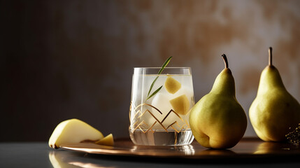 Cocktail decorated with pear slice, copy space. Generative AI