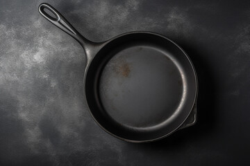 Empty cast-iron pan on the dark background, top view. Generative AI