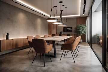 Interior of a modern meeting room with a dining table and brown leather seats on a grey carpet, beige concrete walls, and a hardwood floor. Generative AI