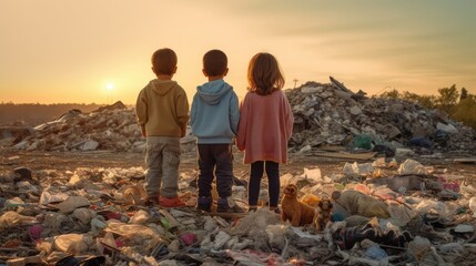 sad kid stand looking at a lot of plastic wastes in