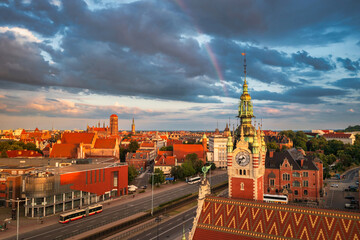 Main Railway Station in Gdansk at sunset, Poland.