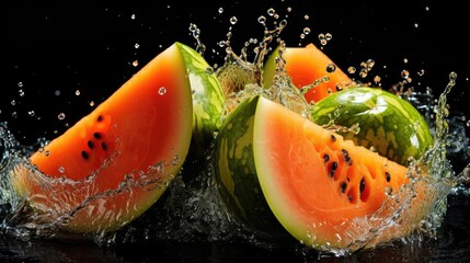 fresh cut water melon splashed with black background and blur