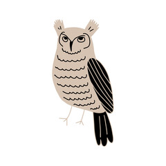 Cute hand drawn outlined owl. Forest bird. Perfect for t-shirt, apparel, cards, poster, nursery decoration. Vector Illustration