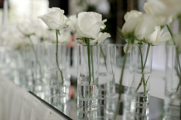 Ordinary white roses in transparent vases, displayed in a row, wedding decor. White flowers. Front view.
