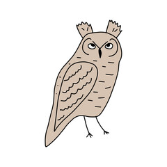 Cute hand drawn outlined owl. Forest bird. Perfect for t-shirt, apparel, cards, poster, nursery decoration. Vector Illustration