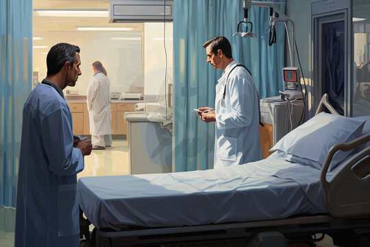 A doctor, from behind, consulting with a patient in a hospital room, with a hospital bed, medical equipment, and other patients visible in the background. Generative AI