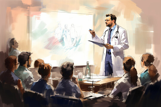 A doctor, from behind of a whiteboard, drawing diagrams and making notes during a medical lecture, with an audience of other doctors and medical students visible in the background. Generative AI