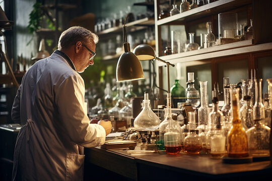A doctor, from behind of a laboratory bench, preparing a sample for analysis, with a microscope and other scientific instruments on the bench, and shelves of chemicals and lab equi Generative AI