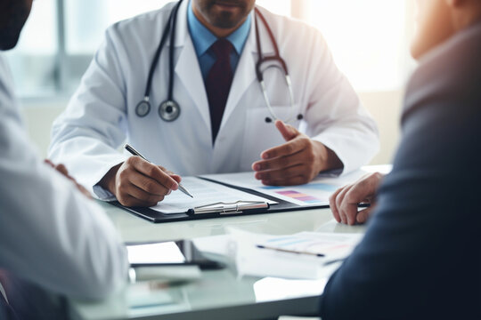 A doctor, seen from behind, discussing a patient's treatment plan with a colleague during a consultation, with medical charts and papers spread out on a nearby table. Generative AI