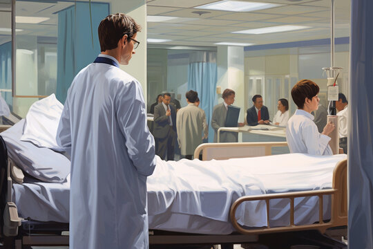 A doctor, from behind, consulting with a patient in a hospital room, with a hospital bed, medical equipment, and other patients visible in the background. Generative AI