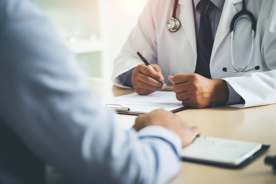 A doctor, seen from behind, discussing a patient's treatment plan with a colleague during a consultation, with medical charts and papers spread out on a nearby table. Generative AI