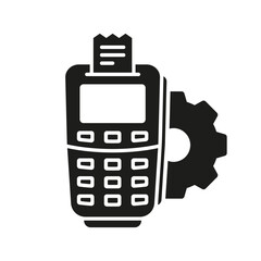 Bank Terminal Options Silhouette Icon. Financial Settings on POS Glyph Pictogram. Finance Electronic Wireless Device Solid Sign. Setup Money Banking Payment Symbol. Isolated Vector Illustration