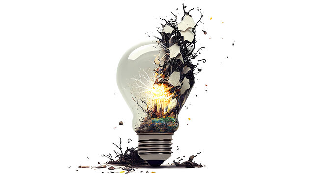 Light Bulb With Splash Explosions Isolated On White Background - Generative AI