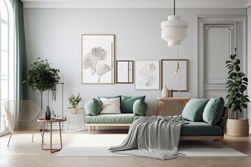 Interior of a trendy living room with a white wall. Scandinavian interior design. Generative AI