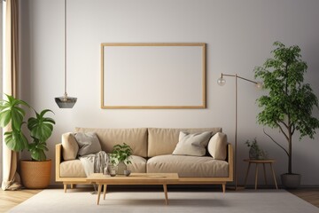 Interior of a living room with a couch, a plant, a mockup frame, and a wall background. Generative AI