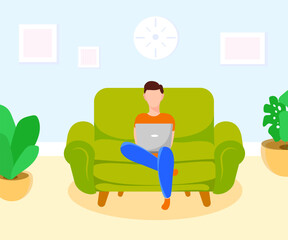 Man freelancer in cozy home interior, living room cartoon flat, concept vector illustration. Home office working.