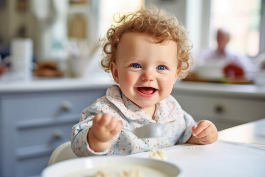 Portrait of happy carefree satisfied joyful kid sitting in feeding chair and eating porridge