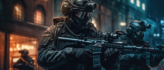 special forces soldier polices group with high technology gun and weapon working in night city, Generative AI - obrazy, fototapety, plakaty