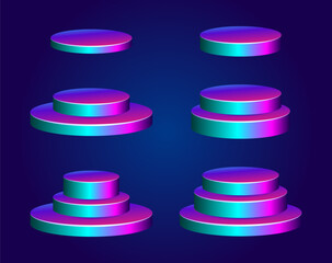 Realistic vector podium set, 3d scene mockup. Round shape award pedestal, purple metallic showcase stand platform.