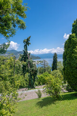 Fototapeta na wymiar View from the Botanical Gardens of Villa Taranto to Lake Maggiore. Verbania, Piedmont, Italy.