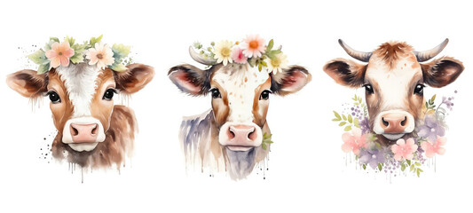 design cute cow floral watercolor ai generated