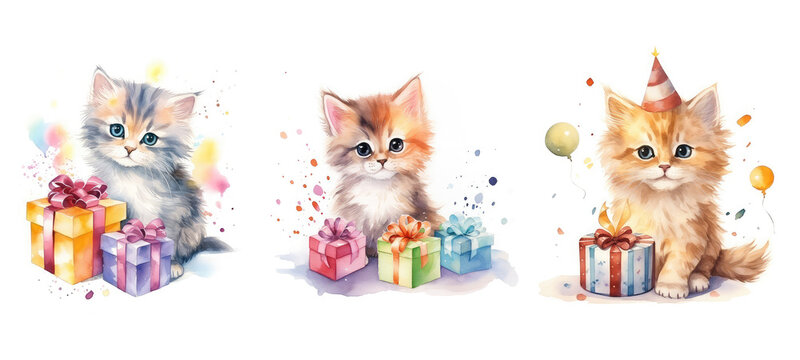 bear cute cat birthday celebration watercolor ai generated