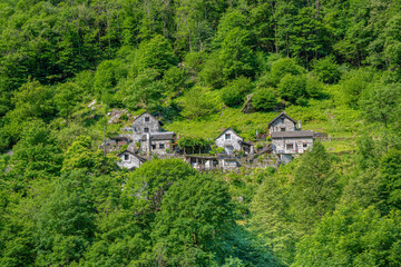 Typical Ticino-style stone houses in Frasco,Verzasca valley, Tessin, Ticino, Switzerland