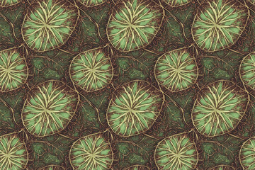 Seamless pattern with water lily leaves. Abstract decorative background in marsh colors.
