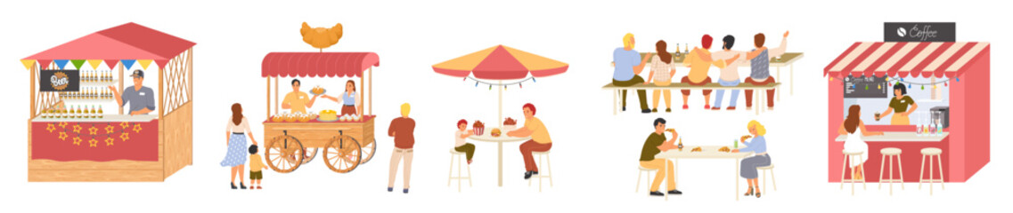 Street food festival scene set with happy people